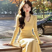 【初色】法式純色娃娃領長袖針織中長裙連衣裙連身洋裝-黃色-39244(F可選) F 黃色