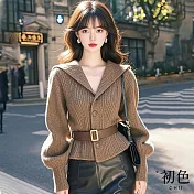 【初色】大翻領長袖短款單排扣純色毛衣開衫外套女外套-卡其色-39213(F可選) F 卡其色