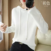 【初色】純色坑條紋連帽抽繩長袖內搭打底衫帽衫連帽T恤上衣女上衣-共6色-39136(M-2XL可選) M 白色