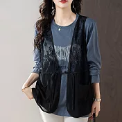 【MsMore】 新中式盤扣蕾絲鏤空馬甲背心+長袖圓領印花T恤兩件式套裝# 124216 M 藍色