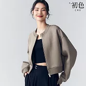 【初色】純色短款鬆弛感拉鍊坑條紋圓領長袖外套女外套-共2色-39142(M-2XL可選) M 咖啡色