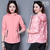 【初色】兩面穿純色迷彩短款長袖連帽夾克風衣外套女外套-共5色-39151(M-4XL可選) M 粉色
