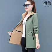 【初色】休閒簡約兩面可穿中長款可拆連帽防潑水風衣外套女外套-共3色-39148(M-4XL可選) M 綠卡其色