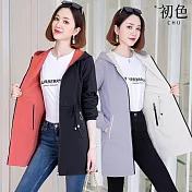 【初色】純色兩面穿連帽拉鍊長袖風衣外套女外套-共3色-39146(M-4XL可選) M 黑色