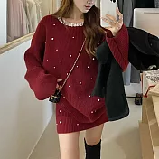 【MsMore】 氣質溫柔套裝絕釘珠毛衣長袖針織半身短裙過年氛圍2件式# 124237 FREE 紅色