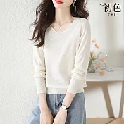 【初色】韓系簡約素色燙鑽薄款V領長袖針織衫上衣女上衣-共5色-37303(F可選) F 白色