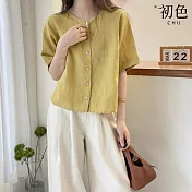 【初色】純色寬鬆單排釦胸口袋圓領短袖五分袖防曬娃娃衫襯衫上衣女上衣-共3色-36652(M-3XL可選) XL 黃色
