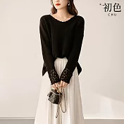 【初色】純色鏤空花邊V領長袖針織衫上衣女上衣-共3色-37301(F可選) F 黑色