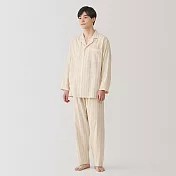 【MUJI 無印良品】男無側縫二重紗織長袖家居睡衣 L 米色直紋