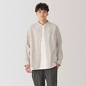 【MUJI 無印良品】男水洗牛津布立領長袖襯衫 L 淺米直紋