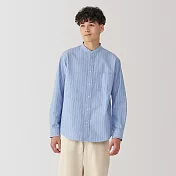 【MUJI 無印良品】男水洗牛津布立領長袖襯衫 L 淡藍直紋