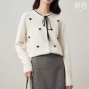 【初色】日系甜美風愛心菱格蕾絲拼接單排釦長袖針織衫上衣女上衣-共4色-39474(F可選) F 白色