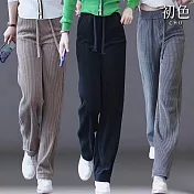 【初色】休閒純色百搭垂感高腰顯瘦燈芯絨坑條闊腿褲寬褲長褲-共4色-39483(M/L可選) M 黑色