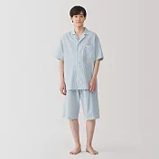 【MUJI 無印良品】男無側縫泡泡紗短袖家居睡衣 M 淺藍直紋