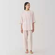 【MUJI 無印良品】女無側縫輕薄紗織七分袖家居睡衣 M 淺粉直紋