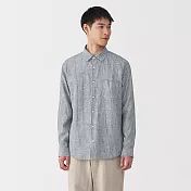 【MUJI 無印良品】男亞麻水洗長袖襯衫 S 深藍直紋