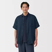 【MUJI 無印良品】男亞麻水洗短袖襯衫 S 深藍