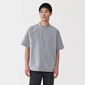 【MUJI 無印良品】男涼感亨利領短袖布帛T恤 S 深藍直紋