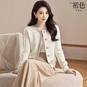 【初色】小香風韓版拼色單排扣圓領長袖開衫針織毛衣外套女外套-白色-10189(F可選) F 白色