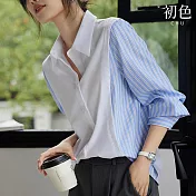 【初色】假兩件顯瘦拼接條紋翻領長袖寬鬆襯衫上衣女上衣-藍白條紋-36662(M-2XL可選) M 藍白條紋