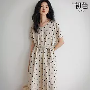 【初色】復古棉麻風V領寬鬆綁帶點點口袋短袖中長裙連衣裙連身洋裝-圓點-10110(M-2XL可選) M 圓點