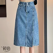 【初色】純色A字高腰顯瘦包臀開叉中長裙半身裙裙子牛仔裙-共2色-33096(M-2XL可選) M 淺藍色