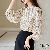【初色】小波點七分袖燈籠袖圓領雪紡衫襯衫上衣女上衣-米白色-33284(M-2XL可選) L 米白色