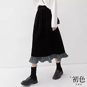 【初色】純色高腰拼接荷葉邊壓摺中長裙半身裙-黑色-10167(M-XL可選) M 黑色