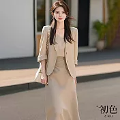 【初色】純色西裝外套女外套+直筒半身裙長裙套裝-卡其色-10182(M-XL可選) M 駝色