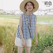 【初色】休閒風寬鬆格紋單排釦圓領無袖襯衫上衣女上衣-藍白格紋-10120(M-2XL可選) M 藍白格紋