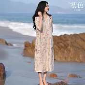 【初色】日系文藝條紋單排釦口袋圓領短袖A字裙中長裙連衣裙連身洋裝-藍色-10122(M-2XL可選) XL 花色