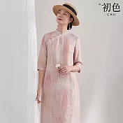 【初色】新中式七分袖半開襟改良式旗袍中長連衣裙-粉色-10125(M-2XL可選) M 粉色
