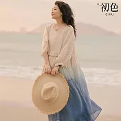 【初色】棉麻風漸層暈染圓領長袖寬鬆中大尺碼中長裙連衣裙連身洋裝長裙-杏藍漸層-10137(L-2XL可選) L 杏藍漸層