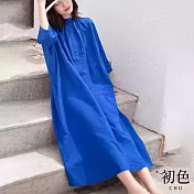 【初色】純色木耳領立領七分長袖襯衫中長裙連身裙長裙連衣洋裝-共2色-10156(M-2XL可選) M 藍色