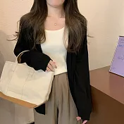 【MsMore】 韓版寬鬆氣質純色羊毛感百搭針織衫薄款長袖毛衣中長外套# 124362 FREE 黑色