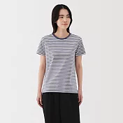 【MUJI 無印良品】女天竺圓領短袖T恤 S 煙燻藍橫紋
