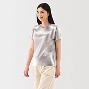 【MUJI 無印良品】女天竺圓領短袖T恤 S 灰棕橫紋