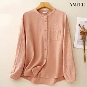 【AMIEE】日系文藝棉麻長袖襯衫女上衣(KDTY-9002) M 粉紅色