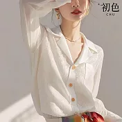 【初色】法式單排釦緹花翻領長袖雪紡襯衫上衣女上衣-白色-10265(M-2XL可選) M 白色