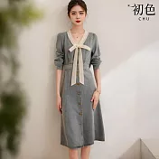 【初色】甜美風蕾絲花邊蝴蝶結壓褶收腰單排釦長袖牛仔裙連衣裙連身洋裝-淺藍色-10362(M-XL可選) M 淺藍色
