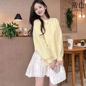 【初色】韓版多色圓領碎花拼接假兩件寬鬆長袖蛋糕裙連衣裙連身洋裝-共2色-10366(M-XL可選) M 黃色