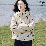 【初色】休閒風減齡寬鬆短款蝴蝶印花連帽長袖外套女外套-白色-10379(M-2XL可選) M 白色