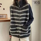 【初色】條紋高領羊羔毛寬鬆馬甲外套女外套-黑白條紋-10276(M-2XL可選) M 黑白條紋