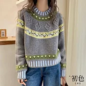 【初色】費爾島撞色編織提花休閒加厚圓領長袖針織毛衣上衣女上衣-灰色-10277(F可選) F 灰色