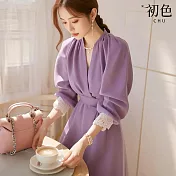【初色】法式修身純色拼接蕾絲邊V領長袖中長裙連衣裙連身洋裝-紫色-10250(M-XL可選) M 紫色