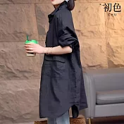 【初色】復古港風簡約寬鬆中長款單排扣襯衫外套女外套-共2色-36936(M-2XL可選) M 黑色