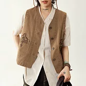 【ACheter】 復古繡花口袋工裝牛仔背心短版造型外套# 124473 2XL 卡其色