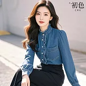 【初色】休閒寬鬆純色胸口袋單排扣木耳邊立領長袖牛仔襯衫上衣女上衣-藍色-10260(M-XL可選) M 藍色