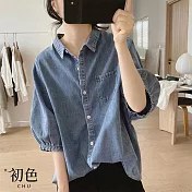 【初色】復古風簡約燈籠袖寬鬆五分袖單排釦牛仔襯衫上衣女上衣-共2色-36857(M-3XL可選) M 淺藍色