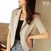 【初色】棉麻垂感純色單排釦口袋西裝領短袖外套女外套-共2色-36844(M-3XL可選) M 杏色